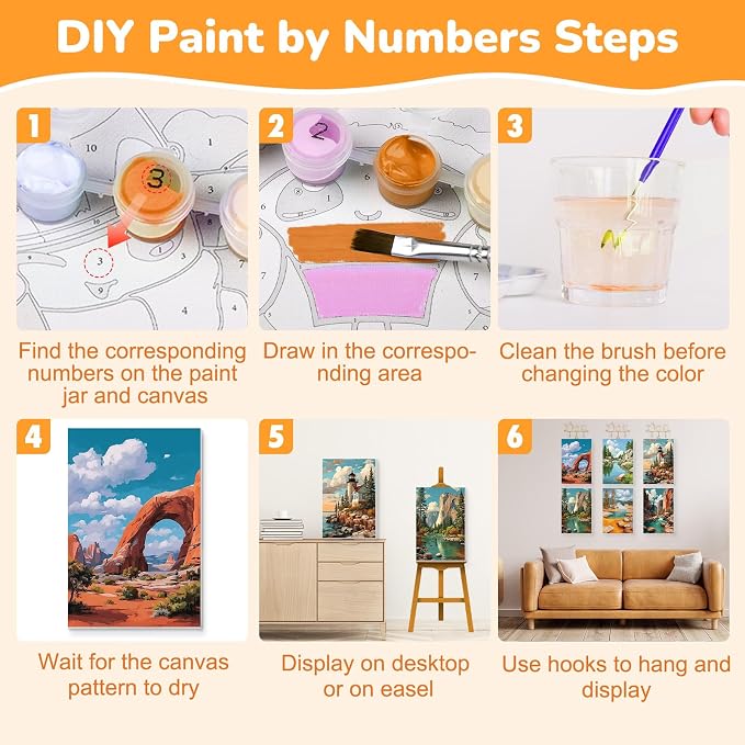 KEYIFA 6 Pack Paint by Numbers Kit, Stretched Canvas Boards for Painting for Adults, No Crease Acrylic Oil Painting for Students Beginners Favor Sip & Paint Party Supplies, Natural Landscape (8x12)