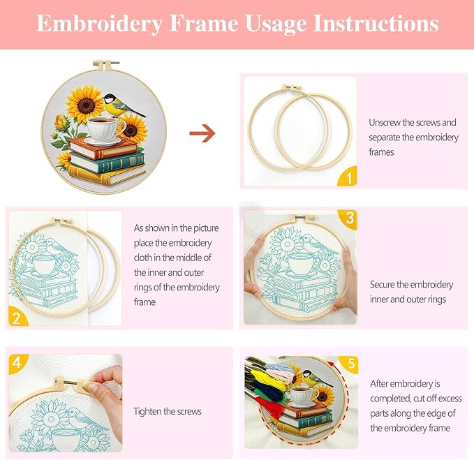 Zhenqing Book Lover Embroidery Kit for Beginners, Sunflower Bird & Coffee Books Needlework Craft with Pre-Printed Cotton Fabric, Hoop, Threads & Tools, Reading Nook Decor (C0112)