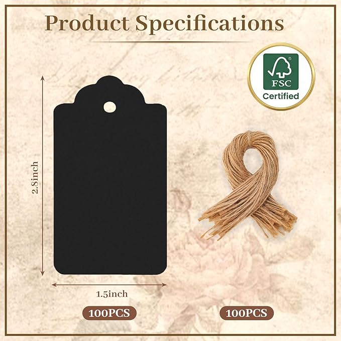 SALLYFASHION 100PCS Gift Tags with String Attached, 1.5X2.8 inch Black | Gift Tags Paper Black Labels for Clothes, DIY Crafts Wedding Holiday