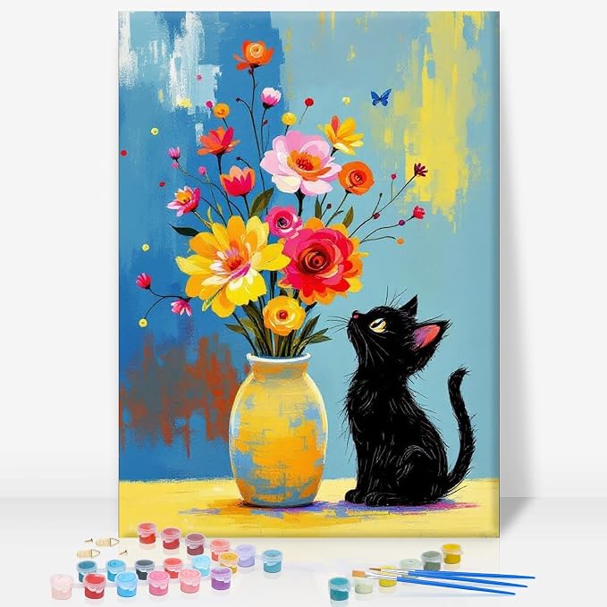 Framed Paint by Numbers Kit for Adults, Black Cat & Flowers, 8 x 12 Inch | DIY Adult Paint by Number Kit for Beginners, Floral Wall Decor, Stress Relief Craft Gift, Creative Hobby