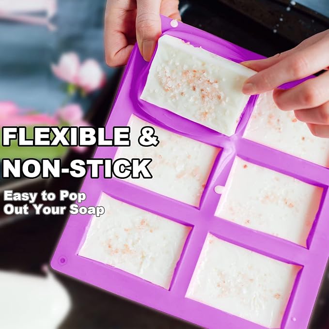 Lerykin 4 Pack Silicone Soap Molds, 6 Cavities Rectangle Silicone Soap Mold, Great for Homemade Craft Soap Bar Mold, DIY Chocolate Molds, Cake Molds & Ice Cube Trays - Just Pop Out (Purple & Pink)