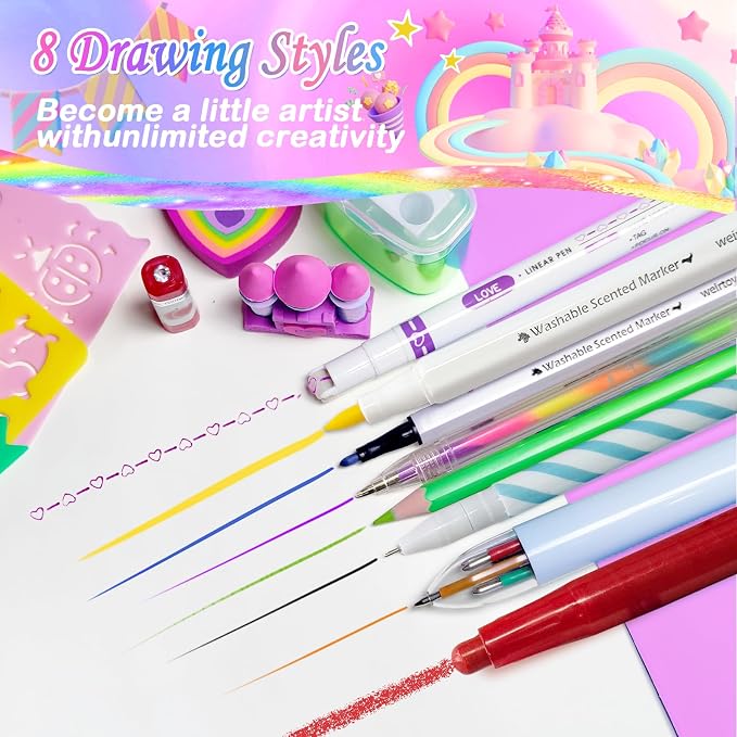 53 PCS Washable Scented Markers Set with Glitter Pencil Case, Kids Art Set