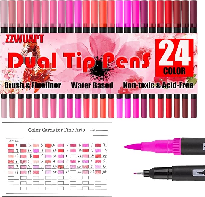 Red & Pink Double Tip Brush Pens Art Markers,24 Colored Artist Fine Brush Pen Coloring Markers for Adult Drawing Art Craft Kit