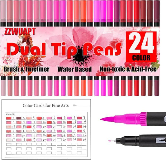 Red & Pink Double Tip Brush Pens Art Markers,24 Colored Artist Fine Brush Pen Coloring Markers for Adult Drawing Art Craft Kit