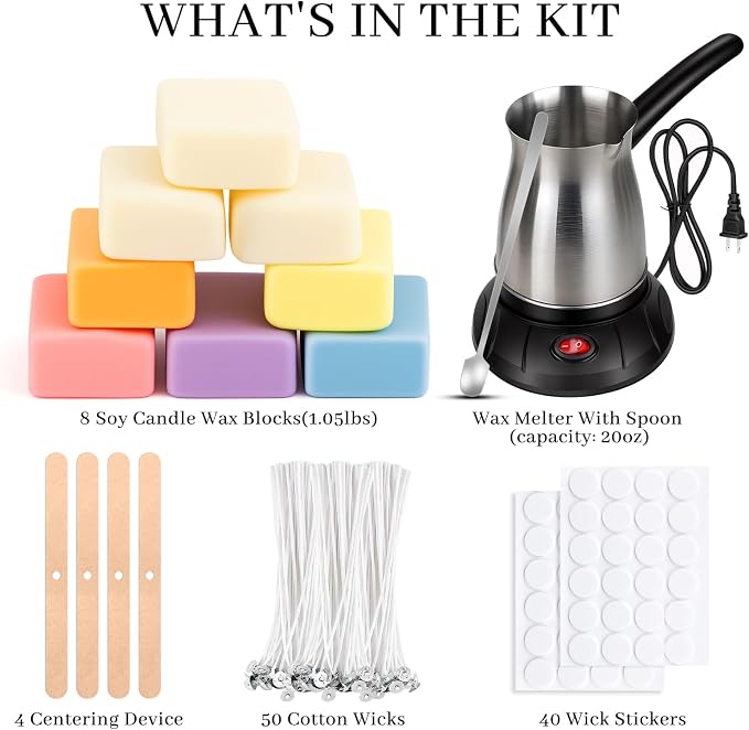 KEARLGMBH Wax Melter for Candle Making, Soy Candle Making Kit with Wax Melting Pot, DIY Candles Making Supplies Including 1lbs Soy Wax, Candle Wax Melter, Stirring Spoon, Wicks, and Centering Device
