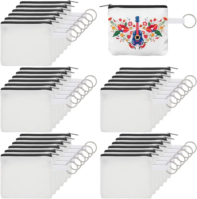 30 Pcs Blank Small Coin Canvas Makeup Bags Bulk Cosmetic DIY Craft Pouch with Zipper Coin Purse Pencil Pouch Travel Toiletry Organizer (White)