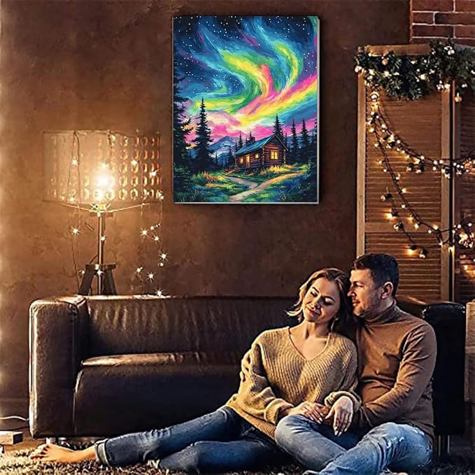 Aurora Paint by Numbers Kit for Adults Beginner,Wooden House Adult Paint by Number Kits on Canvas with Frame,Night Sky DIY Acrylic Oil Painting by Numbers Kits for Home Wall Decor 9.5x11.8 inch