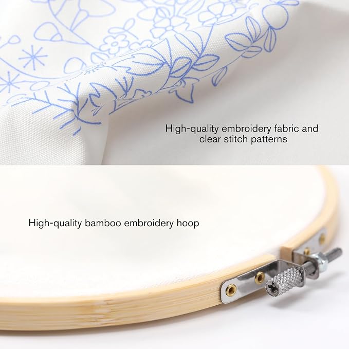 VIVIDOX 4 Sets Embroidery Kit for Beginners with Stitch Video, Flower Cross Stitch Kits for Adults, Starter, Hand Craft Lover Practice with Floral Stamped Pattern, 2 Hoops, 16 Needles, Scissors, Tools