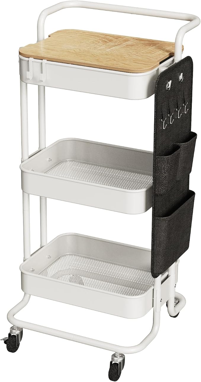 DTK 3-Tier Rolling Cart with Table Top, Metal Utility Cart with Side Bags