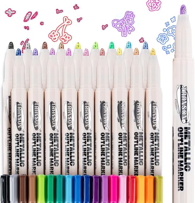 TRANSON 18pcs Outline Shimmering Markers with Metallic for Fun Art Drawing Craft DIY