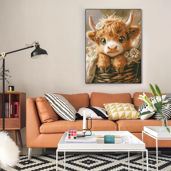 Diamond Art Kits for Adults, Highland Cow Diamond Painting for Beginners | 12x16 Inch, Full Drill Round Dots, Baby Cow DIY 5D Gem Art Craft Kits, Home Wall Decor, Stress Relief Relaxing Hobby Gift