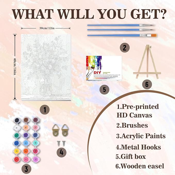 Eucalyptus Flowers Paint by Number Framed with Wooden Easel 12x16inch | Adult Paint by Numbers, Flowers Canvas Paint by Numbers for Adults, DIY Acrylic Painting Kits for Adults, Home Decor Gifts