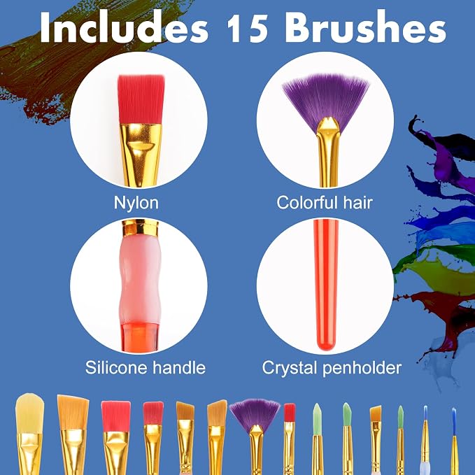 15Pcs Paint Brushes Value Pack | 15 Different Types of Brushes, Nylon Colorful Hair, Silicone Crystal Penholder, Oil, Acrylic and Watercolor Painting