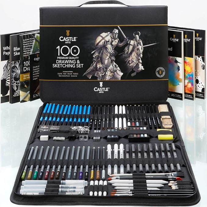 Castle Art Supplies 100 Piece Drawing Sketching and Charcoal Set for Adults | Graphite, charcoal, pastel, and metallic pencils, plus more extras - for professional and adult artists alike