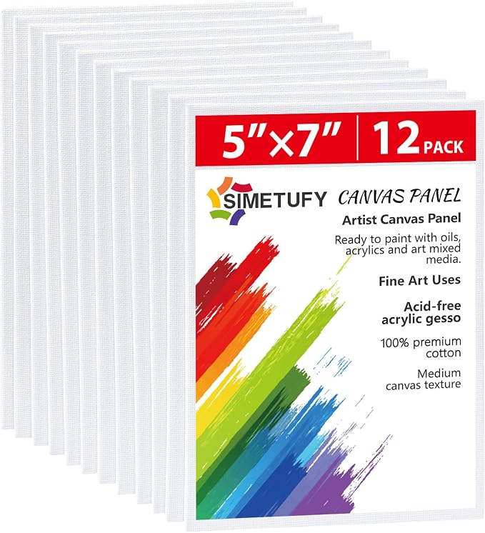 Simetufy 12 Pack 5x7 Inch Small Flat Canvas Boards for Kids Painting | Gesso Primed Acid-Free 100% Cotton Blank Canvas Panels, Non Toxic