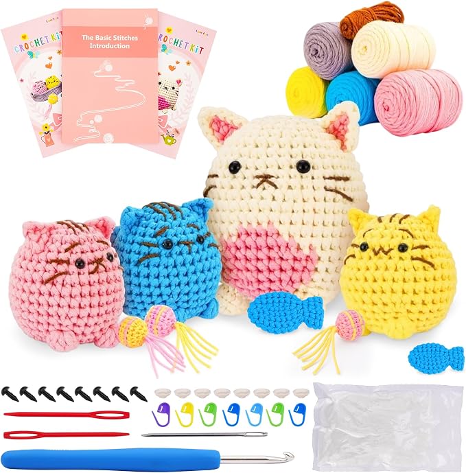 Crochet Kit for Beginners - Learn to Crochet 4 Adorable Cat Amigurumi with Step-by-Step Video Tutorial and Easy Peasy Yarn, Complete Starter Kit for Adults Kids, DIY Craft Gift for Birthday Christmas