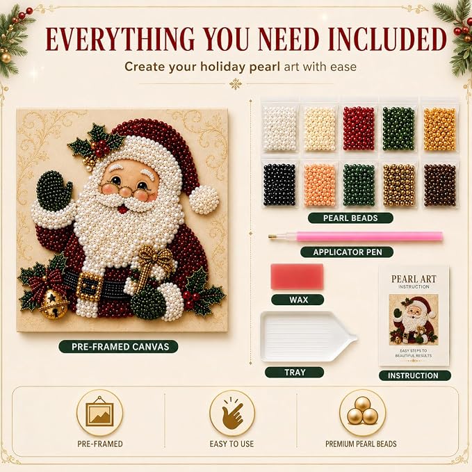 LJSCQF DIY Christmas Pearl Diamond Painting Art Kit with Frame, Home Wall Decor Art Craft Kit, Holiday Christmas Wall Decor, Handmade Home Decoration Gift (Santa Claus, 12x12in)