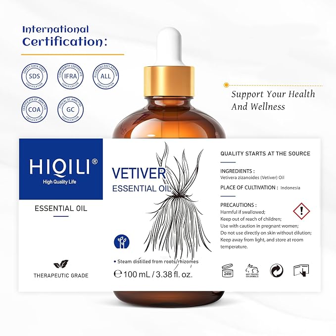 HIQILI Vetiver Essential Oil for Skin, Perfume, Aromatherapy