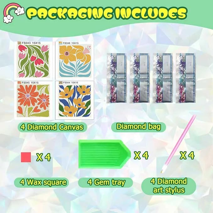 ICYANART 4 Pack Flowers Diamond Art Kits for Kids Age 6-12 6x6 Inch | Diamond Art Painting Kits for Kids Ages 6-8-12 , Small Diamond Art Kids, Simple Gem Painting for Kids Age 6-12 (no Frame)
