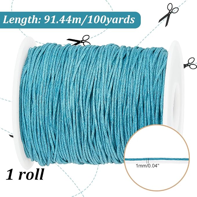 PH PandaHall 1mm Waxed Cord,100 Yards Waxed Cotton Cord Green Waxed Thread Beading String Waxed Craft String for Bracelet Necklace Jewelry Waist Beads Making Crafting Beading Macrame