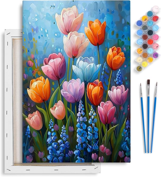 Flowers Framed Paint by Numbers Kit for Adults Beginner & Kids Ages 8-12 | With Frame Canvas 8x 12 inch, DIY Acrylic Painting by Numbers Colorful Flower, Stress Relief Craft Kits, Home Wall Decor Gift