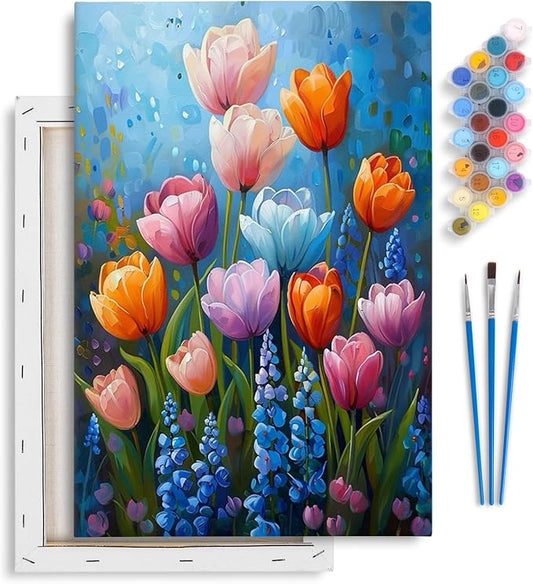 Flowers Framed Paint by Numbers Kit for Adults Beginner & Kids Ages 8-12 | With Frame Canvas 8x 12 inch, DIY Acrylic Painting by Numbers Colorful Flower, Stress Relief Craft Kits, Home Wall Decor Gift