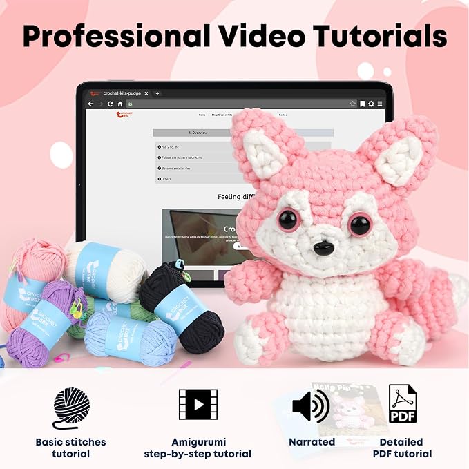 CrochetBox Crochet Kit for Beginner, Fox Easy Learn How to Crochet Stuffed Animals Gift for Adults and Teen(), Knitting Set with Yarn Hook Stitch-by-Stitch Video Tutorial(30%+ Yarn)