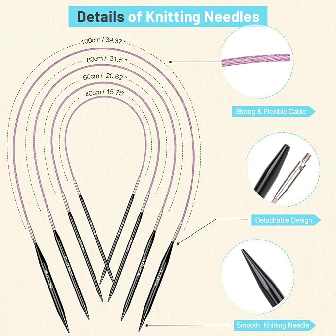 Aeelike 9 Pair Interchangeable Knitting Circular Needles Set 3-8.0mm, Black | Aluminum Interchangeable Knitting Needles with 4 Cables, Smooth Complete Needles Set for Socks Blankets Sweaters, Ideal Gift