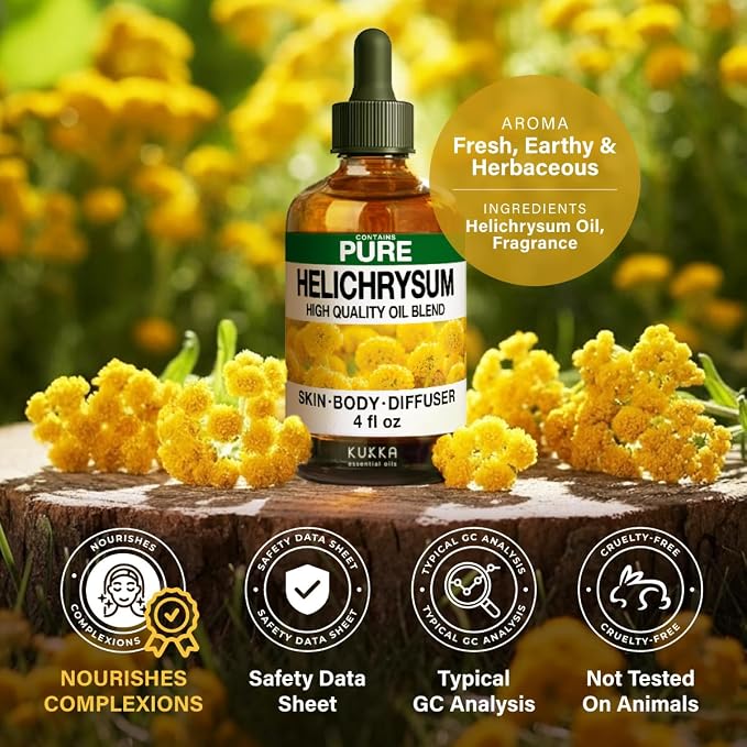 100% Pure Helichrysum Essential Oil 4 Fl Oz for Skin, Hair, Dropper | Slovenian Italicum for Diffuser, Aromatherapy, Body Massage, Skincare Recipes - Non-GMO, Glass Dropper Bottle