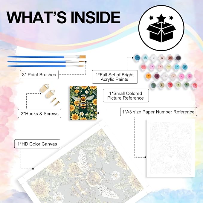 Yezavesu Paint by Numbers Kit for Adults Beginner, Bee Adult Paint by Number Kits on Canvas Without Frame, DIY Acrylic Flowers Painting by Numbers for Home Wall Decor Gift 16x20 Inch