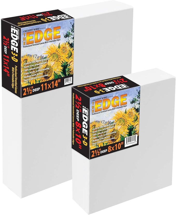 Creative Mark The Edge Deluxe Cotton 2-1/2 in. Deep Stretched Canvas for Painting, 6x6 6-Pack, 14oz. Primed Weight, Universal Archival Priming, Medium Tooth, Frameless Artwork Canvas for Painters