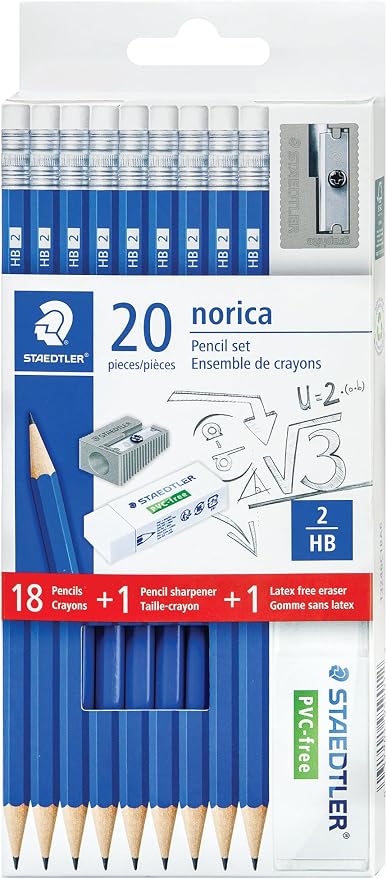STAEDTLER Norica #2 HB Wood-Cased Pencil Set: 18 Pre-Sharpened Graphite Pencils with 1 Eraser & 1 Sharpener, Break-Resistant Lead, For Writing & Drawing, Blue, Ideal for Classroom, Home & Office