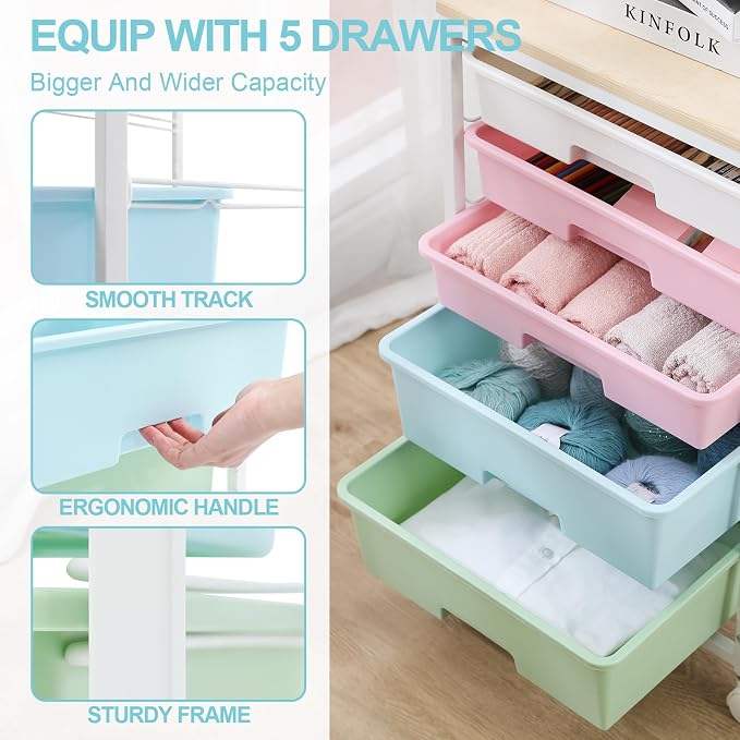 SYKIARIOL Utility Cart with 5 Drawers with Wooden Top, Rainbow | 5-Tiers Storage Cart with Drawers with Lockable Wheels for Craft Organizers and Storage,Home Office,Classroom,Dorm ,Playroom