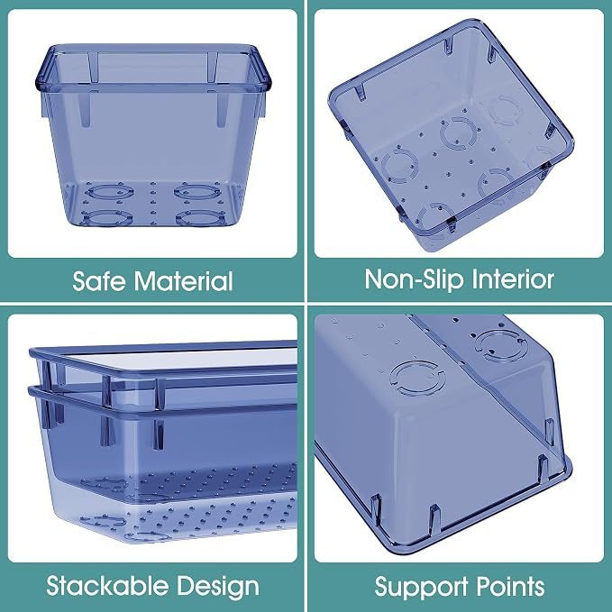 25 PCS Plastic Drawer Organizer Set, Makeup Organizers and Storage Bins | 4 Sizes Desk Drawer Divider Organizers and Storage Bins for Jewelry, Gadgets for Kitchen, Bedroom, Bathroom, Clear Dark Blue