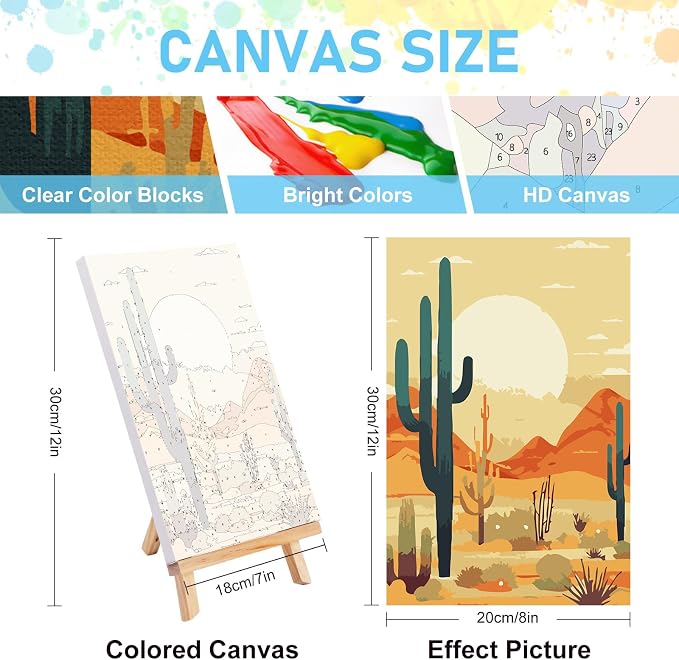 4 Pack Framed Paint by Numbers Kit for Adults with Wooden Easel, 8x12 Inch | Desert Cactus, Easy DIY Acrylic Canvas Craft Kit with Frame for Beginners, Home Decor, Stress Relief Relaxing Hobby Gift
