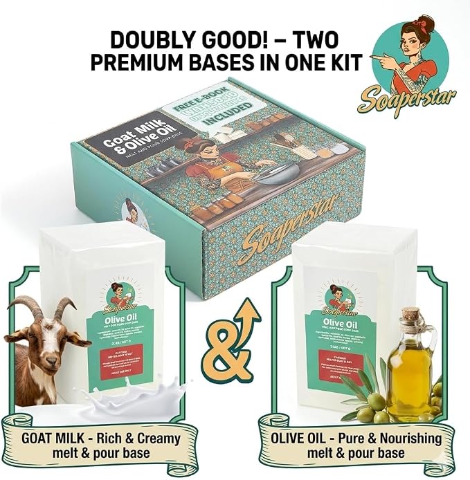 SOAPERSTAR Olive Oil & Goat Milk Melt and Pour Soap Base Kit with Free 50+10 Exclusive Soap Recipes E-Book - Vegan, SLS-Free, Cruelty-Free Soap Making Supplies for DIY – Premium Quality, 100% Natural
