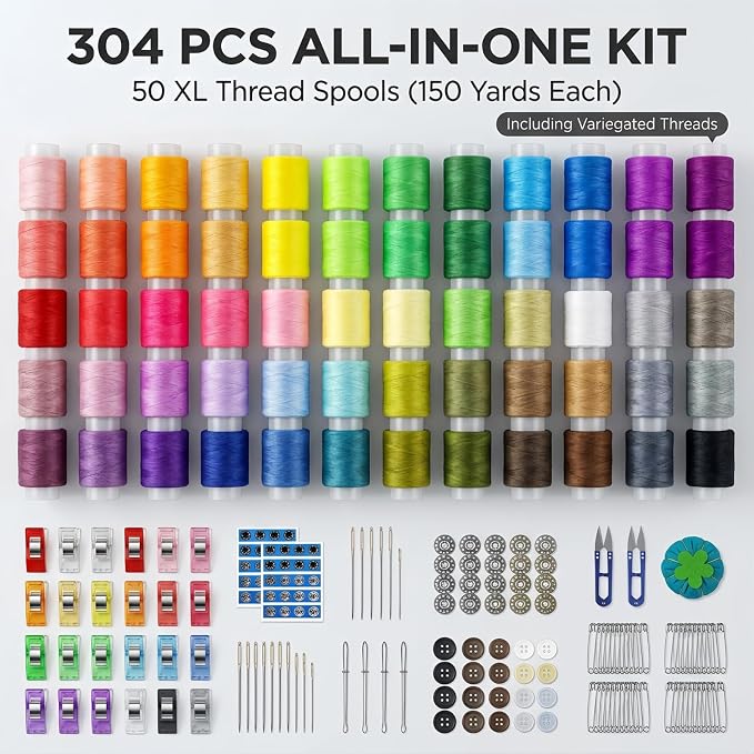 Forypretty Sewing Kit for Adults, 304 PCS Needle and Thread Kit with Tailor Scissors and Accessories, 50 XL Thread Spools, Travel Sewing Kit for Beginners, PU Leather, Gift for Mom Grandma