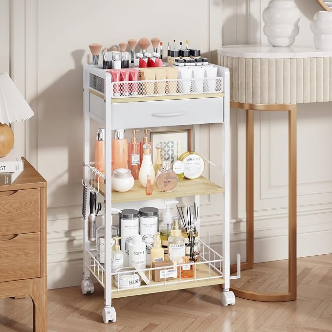 Homsorout 3 Tier Rolling Cart - Metal Utility Cart with Storage Drawer and Wheels, Versatile Art & Craft Organizer for Home, Office, or Studio Ideal for Storing Brushes, Paints, and Supplies White