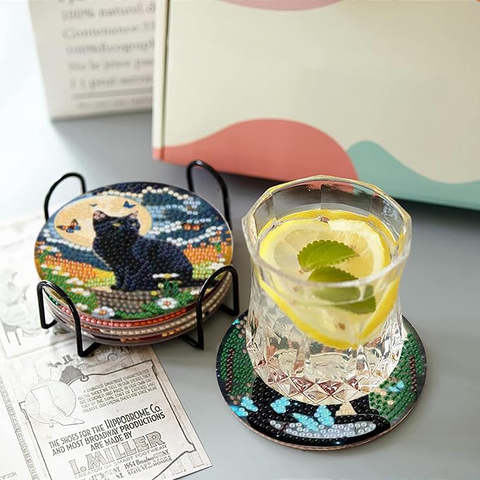 askkqtx 8 Pcs Black Cat Diamond Art Coasters Kits with Holder 4X4 Inch