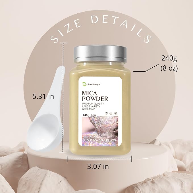 Mica Powder, LightGoldenyellow, 240g with Scoop, Complies with ASTM D-4236 | For Epoxy Resin, Soap, Bath Bomb, Candle| Safety Material| Odorless| Brilliant Colors