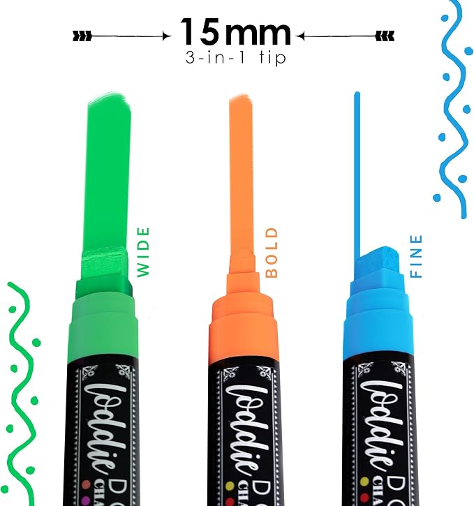 Loddie Doddie Chalk Markers for Blackboard, Wipes with Water, 15 mm, 8 Pack | Wipes Away with Water, For Glass & Non-Porous Surfaces, Smudge Proof, Jumbo Chisel Tip, Multicolor Set