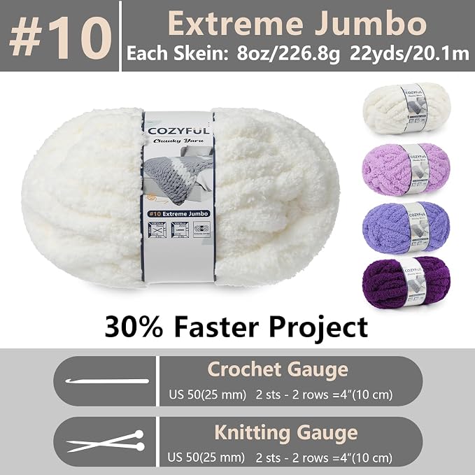 Cozyful Chunky Yarn for Hand Knitting - #10 Chunky Chenille Yarn, Jumbo Big Thick Chunky Yarns for Crocheting, Super Bulky Chunky Knit Blanket Yarns, 8 Skein (22yd, 8oz/Skein), Cream & Multi Purple