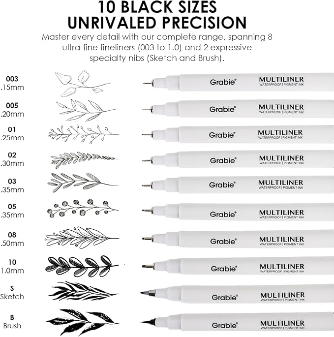 Grabie Micro Fineliner Pens, Set of 20 Multicolor Waterproof Drawing Pens | Waterproof Pigment Ink, Assorted Tip Sizes, Precision Fine Lines, Metal-Clad Nibs, Smooth Ink Flow, Smudge Resistant