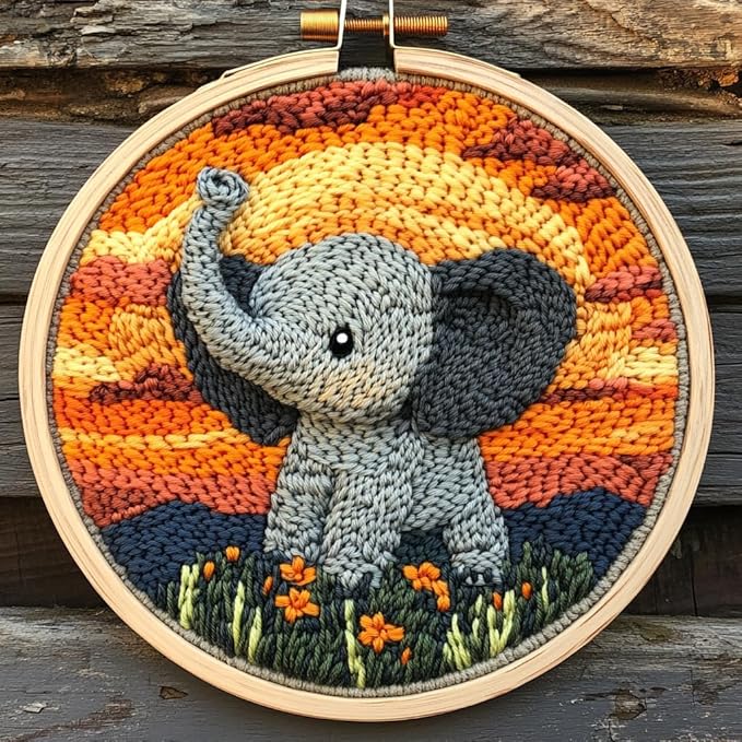 DIY Punch Needle Kits Cartoon Grey Elephant Sunset with Hoop 20x20cm-8 | with Pattern Stamped Easy for Beginners Embroidery Punch Needle Starter Craft Set for Adults Festival Gift and Decoration