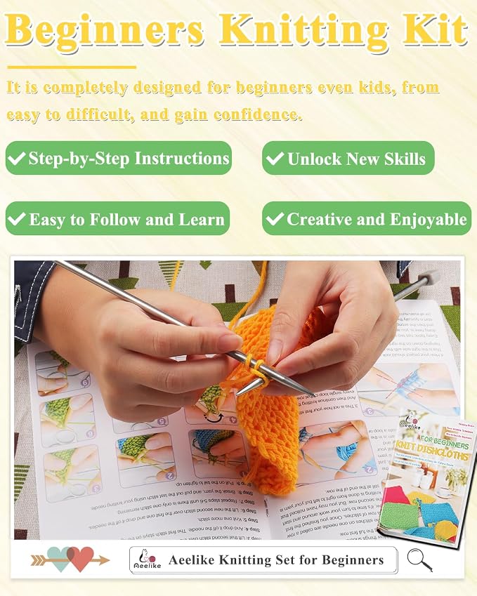 Aeelike Knitting Kit for Beginner Adult, Easy Dishcloth Knit Set, Color A | Knitting Set with Knitting Needles Milk Colorful Cotton Yarn Step-by-Step Instructions, Learn Basic Knitting, Ideal Gift