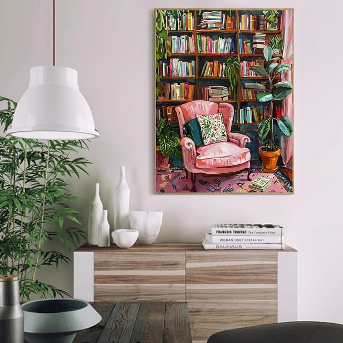 Clendo Pink Room Paint by Number for Adults Beginners, Study Room Adults Paint by Numbers Kits on Canvas, DIY Oil Painting Acrylic Paints for Home Wall Art Decor(16x20inch)