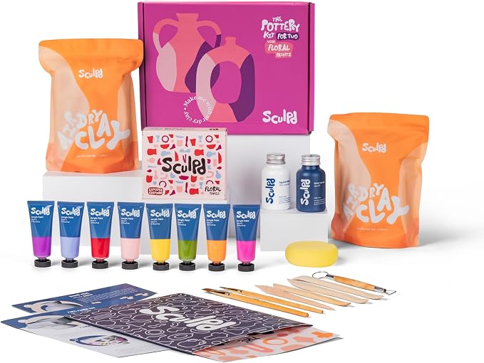 Sculpd Pottery Kit for Adults, Air Dry Clay with Tools, Floral Tones Gloss | Beginner bundle with pottery tool set, waterproof varnish and paintbrushes for step-by-step crafting