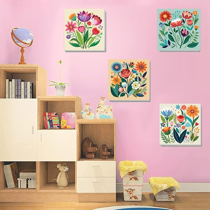 SYDYLH 6 Pack Paint by Numbers Kit with Frame, Easy Acrylic Painting for Kids & Adults, Flowers Paint by Number for Ages 6-12, 8x8 Inch DIY Art Set for Home Wall Decor