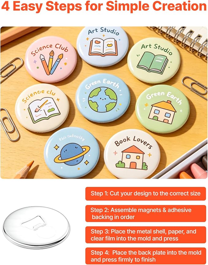 VEVOR Button Maker Supplies 50 Sets 3 in / 75 mm Magnet Button Parts, with Magnetic and Bottle Opener Backs, Metal Shells, Clear Mylar Films, and Blank Circle Papers, for Home DIY, Kitchen Decor
