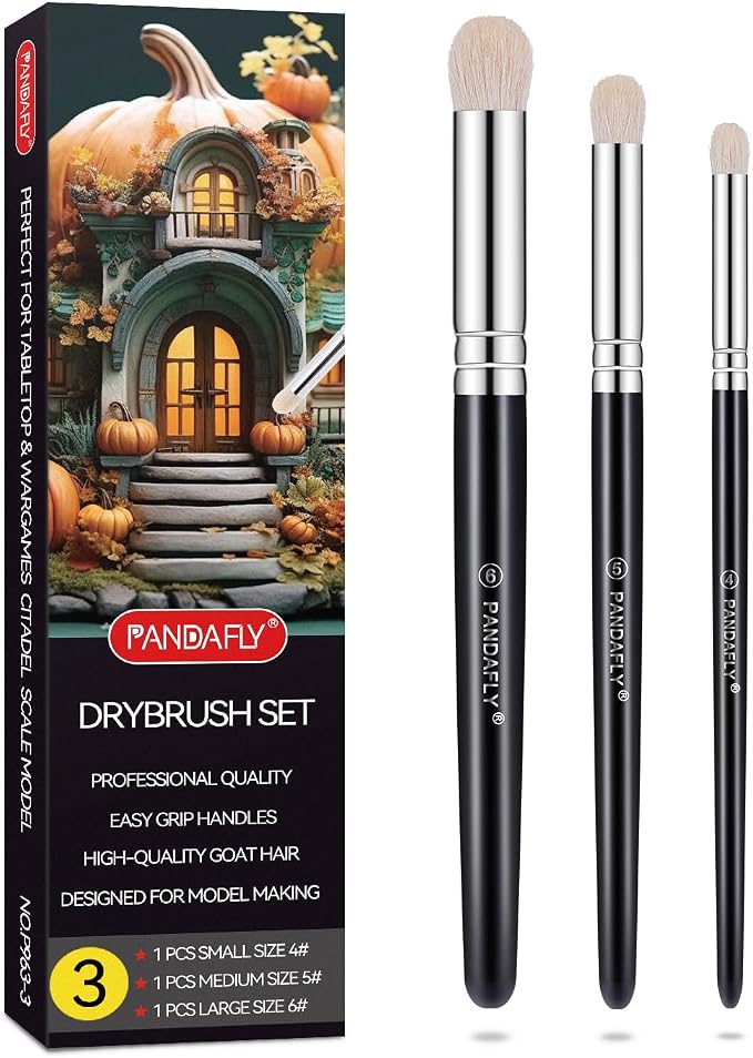PANDAFLY Drybrush Set, 3 Sizes Hobby Detail Paint Brush Set | Acrylic Paint Brushes for Tabletop, Citadel, Scale Model, Watercolor Oil Painting